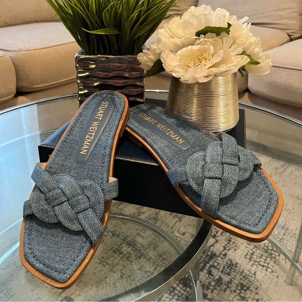 Stuart Weitzman Sierra Woven Denim Slides